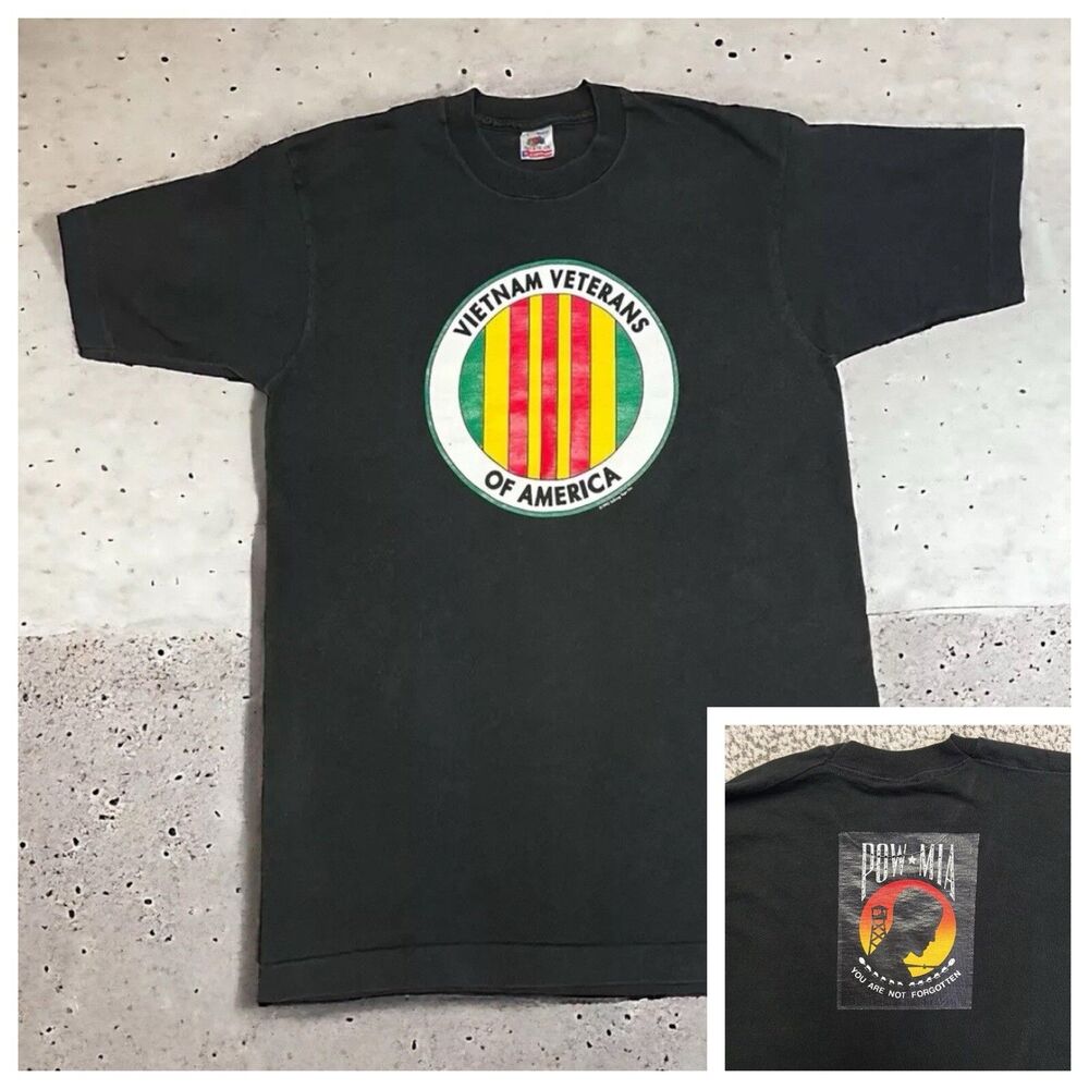 VTG 1992 Vietnam Vets of America POW MIA Men L Shirt Black Talking Tops USA FOTL